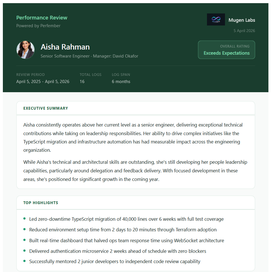 Perfember AI self review screen